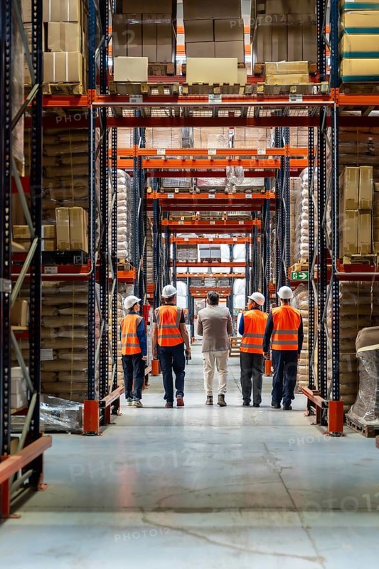 Group of diverse workers and a manager in safety vests and hard hats walking down a long aisle between stacks of cardboard boxes in a busy modern logistics warehouse