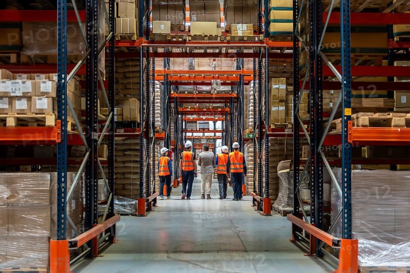 Group of diverse logistics workers wearing safety vests and hard hats walking through a modern distribution warehouse, inspecting industrial racks filled with sorted merchandise and pallets