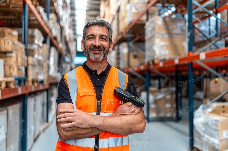 Logistics worker in safety vest stands confidently with arms folded and barcode scanner in hand, smiling in a brightly lit warehouse aisle lined with stocked shelves