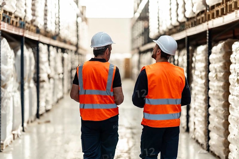 Warehouse workers wearing hard hats and high visibility vests are walking through aisles of stacked inventory, overseeing operations and managing logistics in a large storage facility