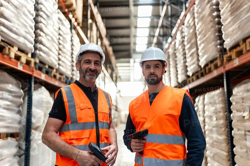 Two male logistics supervisors wearing safety helmets and reflective vests are standing confidently in a busy distribution center, holding barcode scanners and managing daily operations