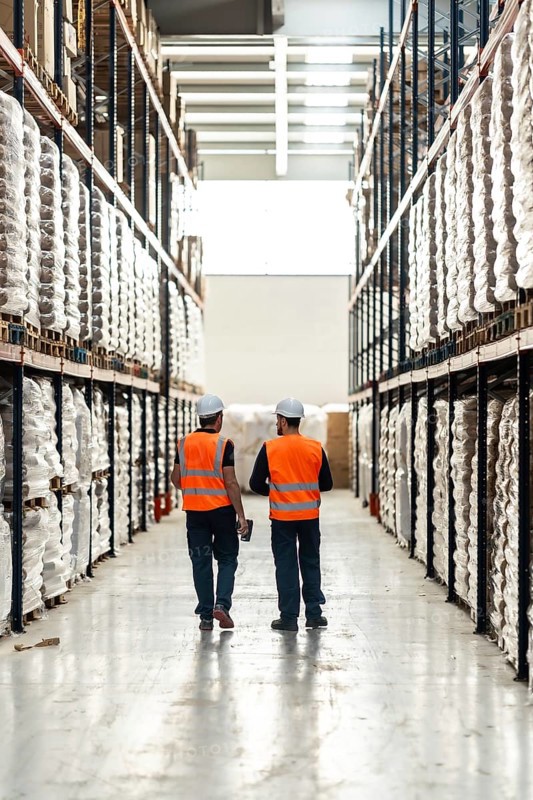 Two male warehouse workers in safety vests and hard hats walk down a tall shelved aisle inspecting inventory and managing storage and distribution with organized, modern operations