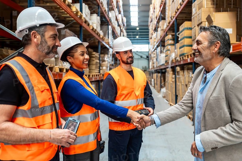 Business executive is shaking hands with a diverse team of warehouse workers wearing safety vests and hard hats, celebrating success and agreement in a busy storage facility