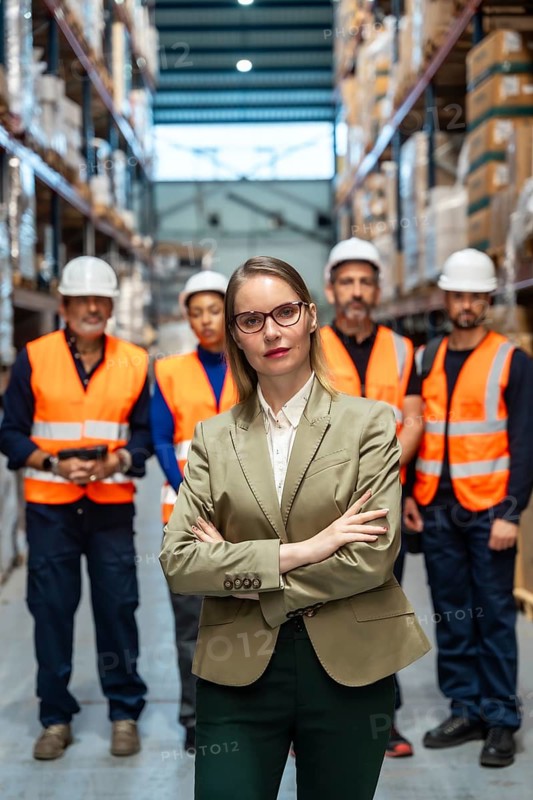 Female manager stands confidently with arms crossed before a diverse team of warehouse workers in high visibility vests and hard hats, symbolizing leadership and collaborative logistics