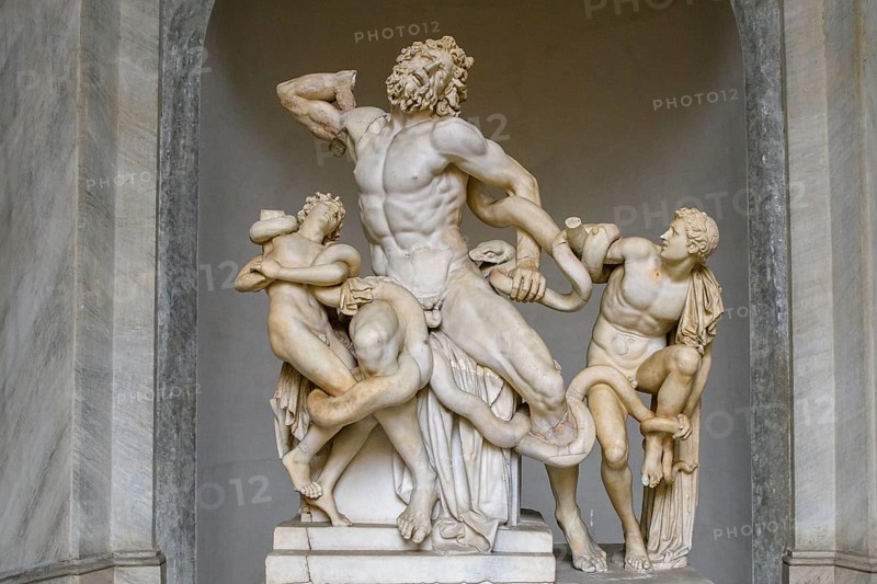 Photo with image detail without base Front view from the front of original ancient marble sculpture Laocoon group of priests Laocoon and his sons fighting with snakes, Museo Pio Clementino, Vatican Museums, Vatican City, Rome, Italy