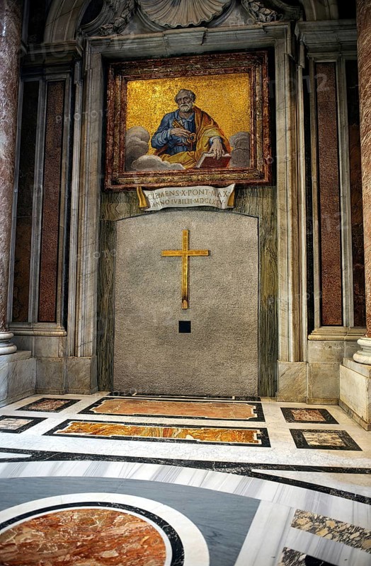 Interior view of walled up Saint Door in St. Peter's Basilica, above painting of Apostle Saint St. Peter with Sky Key to Heavenly Gate, Basilica of St. Peter, Vatican, Rome, Lazio, Italy