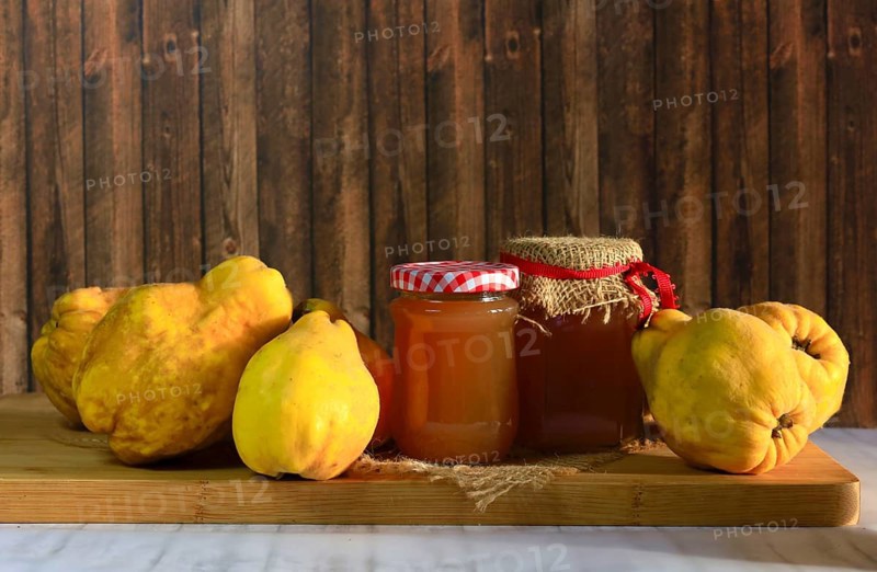 Still life with quinces and homemade quince jelly, autumn, Germany