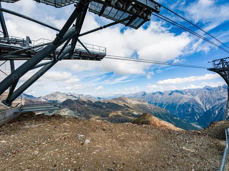 Scenic view from the mountain station of the Gaislachkogel cable car on the Gaislachkogel in the Ötztal Alps down to the Ötztal and to Sölden, Tyrol, Austria