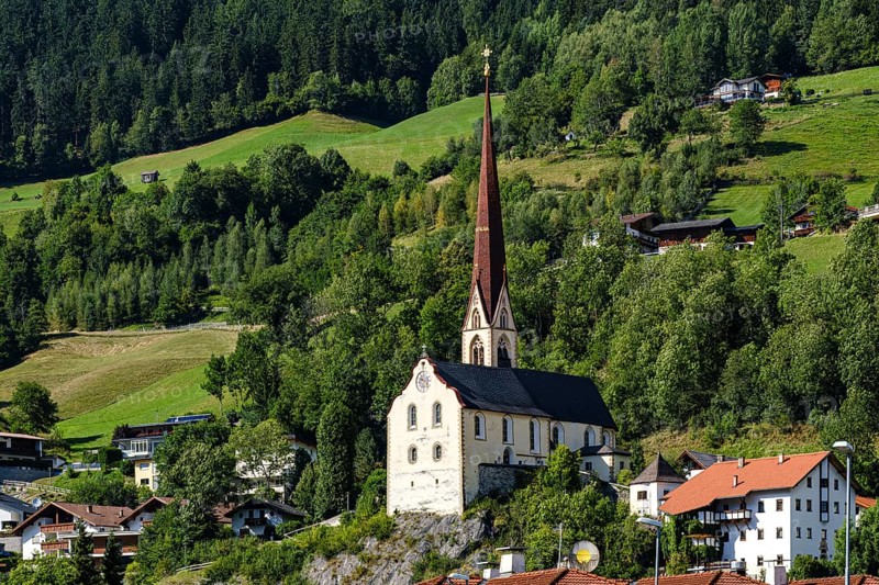 View from the town center to the Oetz Roman Catholic parish church in Ötztal, Tyrol, Austria