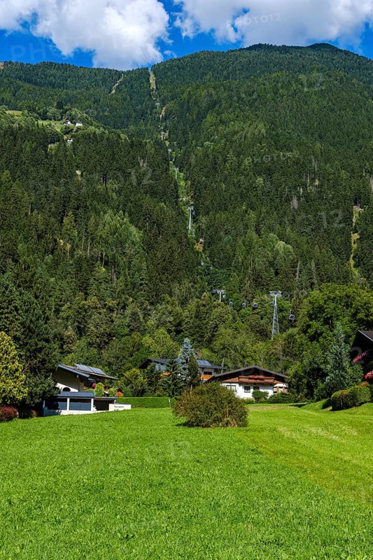 View along the Acherkogel cable car up to Hochoetz, seen from the valley station in Oetz im Ötztal, Tyrol, Austria