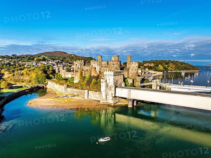 Conwy Castle over River Convy from a drone, Convy, North Wales, England, United Kingdom