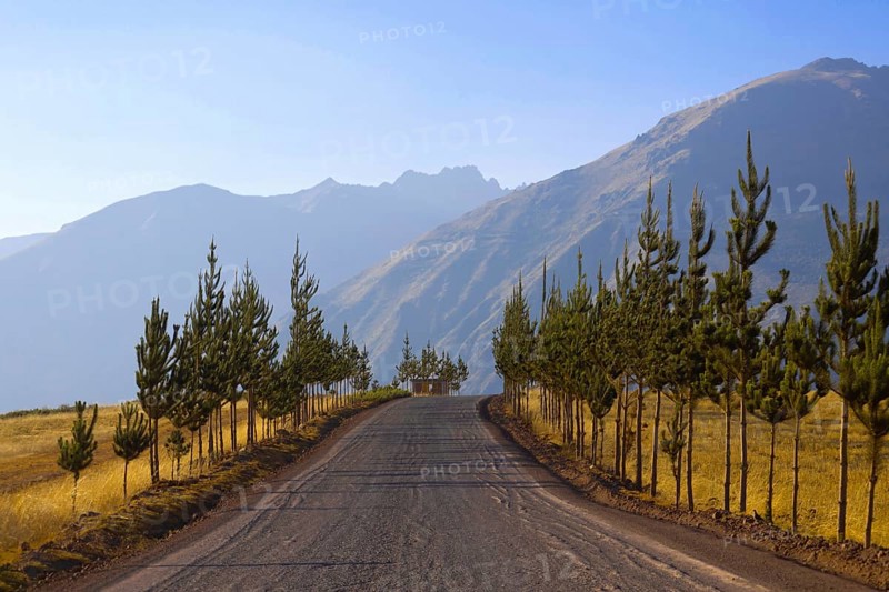 Sacred Valley Valle Sagrado scenic Andes mountains at sunset in Cusco, Peru