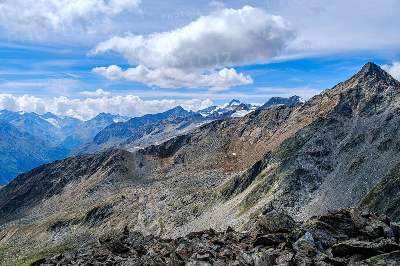 Scenic view from Gaislachkogel over the Ötztal Alps and down into the Ötztal near Sölden, Tyrol, Austria