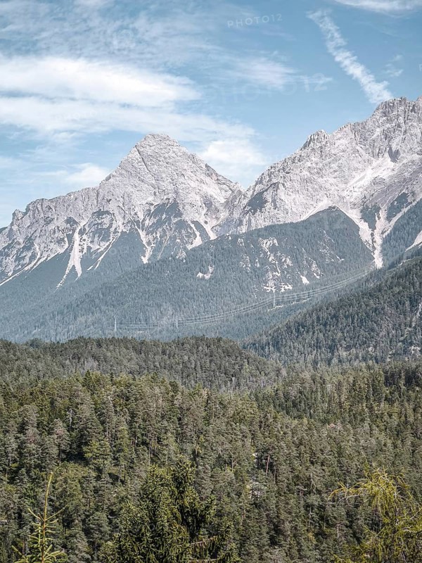View of Sonnenspitze near Ehrwald in Tyrol, Austria, from south-west from Blindsee in Biberwier, Tyrol, Austria