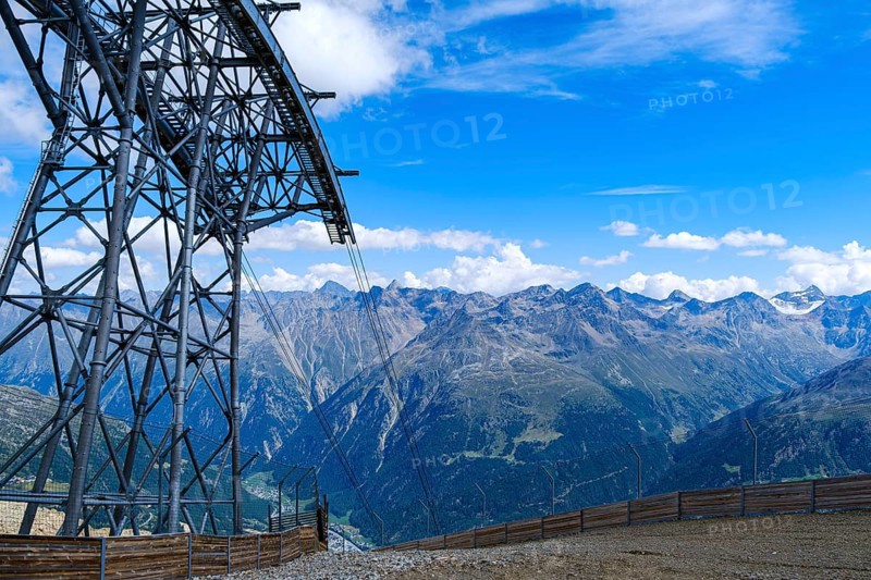 Scenic view from the mountain station of the Gaislachkogel cable car on the Gaislachkogel in the Ötztal Alps down to the Ötztal and to Sölden, Tyrol, Austria