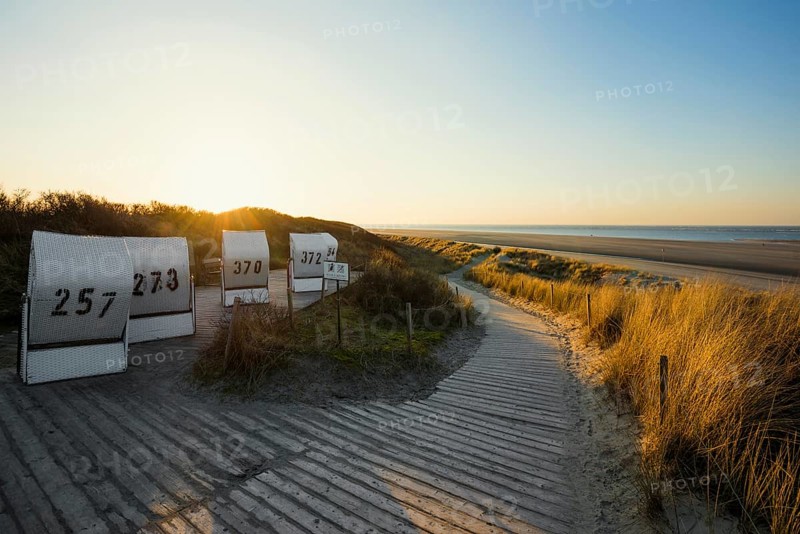 Beach chairs in the dunes and blue sky in winter, sunset, Spiekeroog, East Frisian Islands, Lower Saxony, Germany