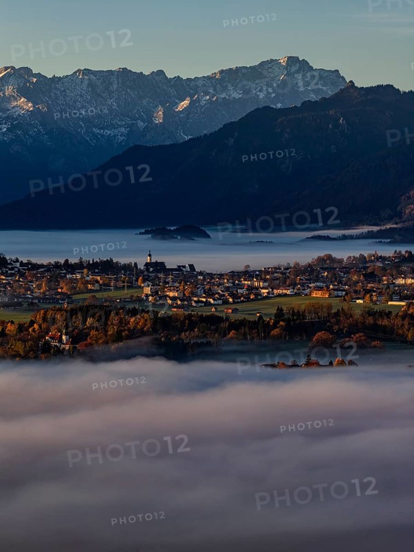 City, church, mountains, sunny, morning light, autumn, autumn color, fog, aerial view, Murnau, behind Zugspitze, Upper Bavaria, Bavaria, Germany