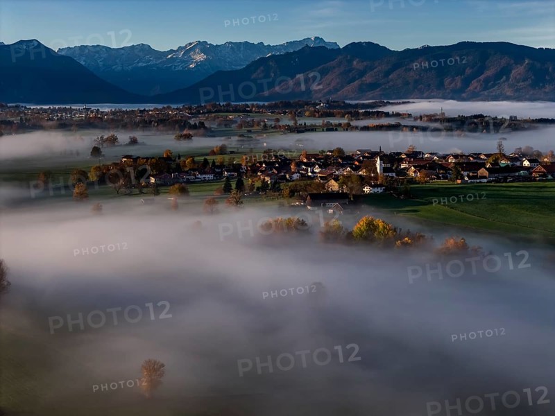 Village, mountains, sunny, morning light, autumn color, fog, aerial view, Hofheim, view of Zugspitze, foothills of the Alps, Upper Bavaria, Bavaria, Germany