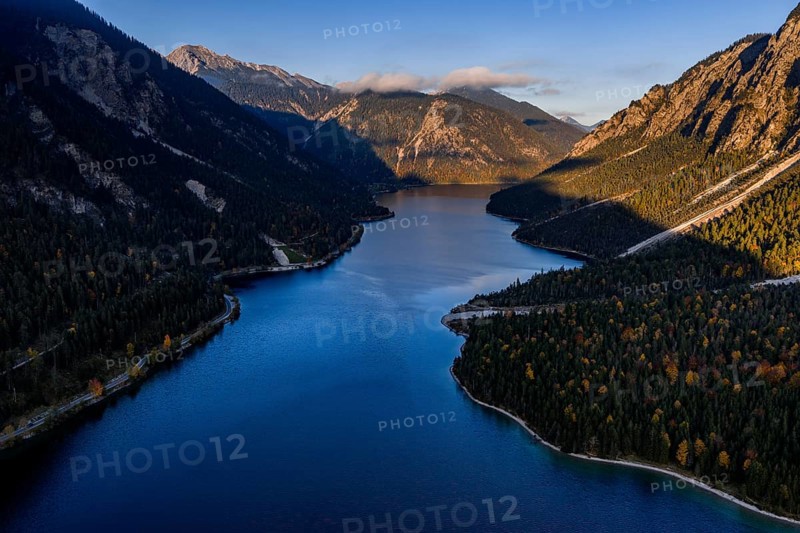 Mountain lake, mountains, autumn color, aerial view, evening light, Plansee, Tyrol, Austria