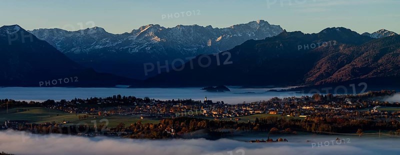 City, church, mountains, sunny, morning light, autumn, autumn color, fog, aerial view, panorama, Murnau, behind Zugspitze, Upper Bavaria, Bavaria, Germany