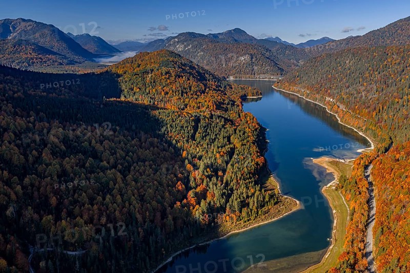 Mountain lake, mountains, sunny, morning light, autumn, autumn color, forest, aerial view, Sylvensteinsee, Upper Bavaria, Bavaria, Germany