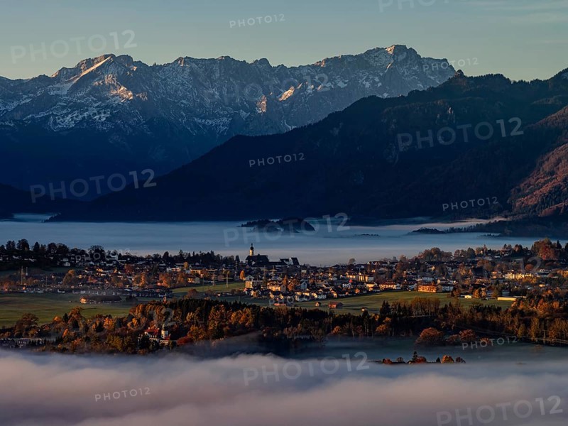 City, church, mountains, sunny, morning light, autumn, autumn color, fog, aerial view, Murnau, behind Zugspitze, Upper Bavaria, Bavaria, Germany