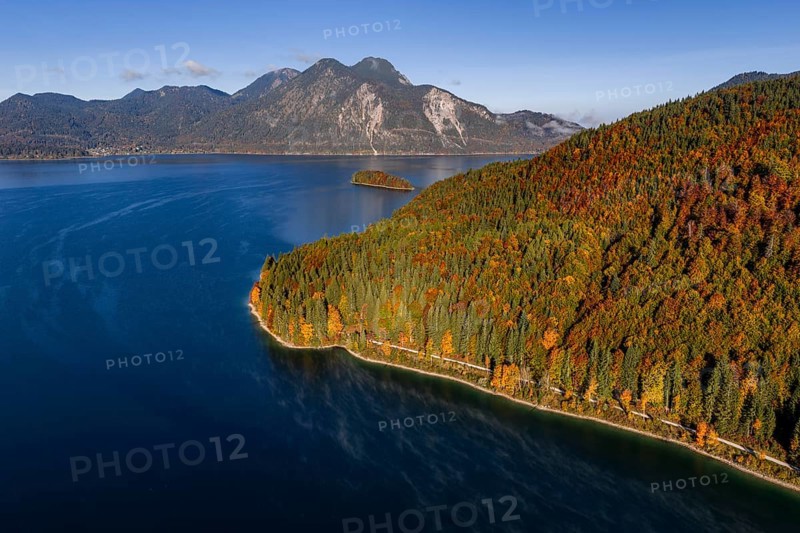 Mountain lake, mountains, sunny, morning light, autumn, autumn color, forest, aerial view, Walchensee, Upper Bavaria, Bavaria, Germany