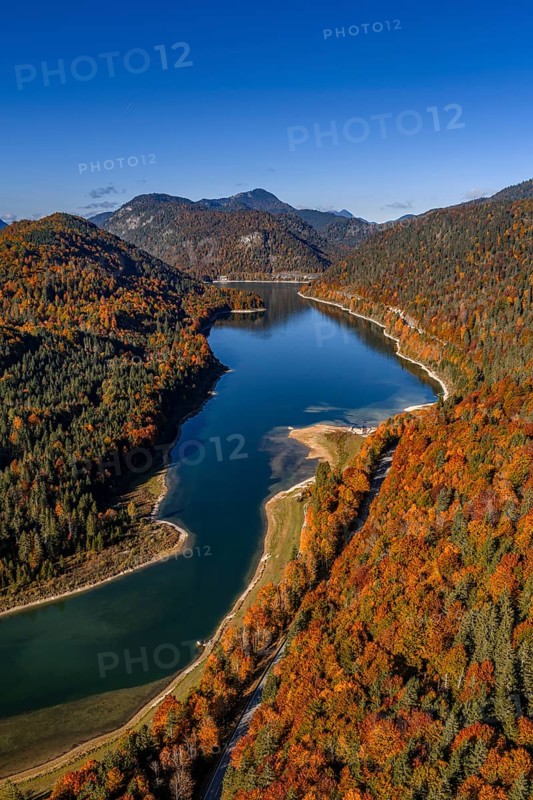 Mountain lake, mountains, sunny, morning light, autumn, autumn color, forest, aerial view, Sylvensteinsee, Upper Bavaria, Bavaria, Germany
