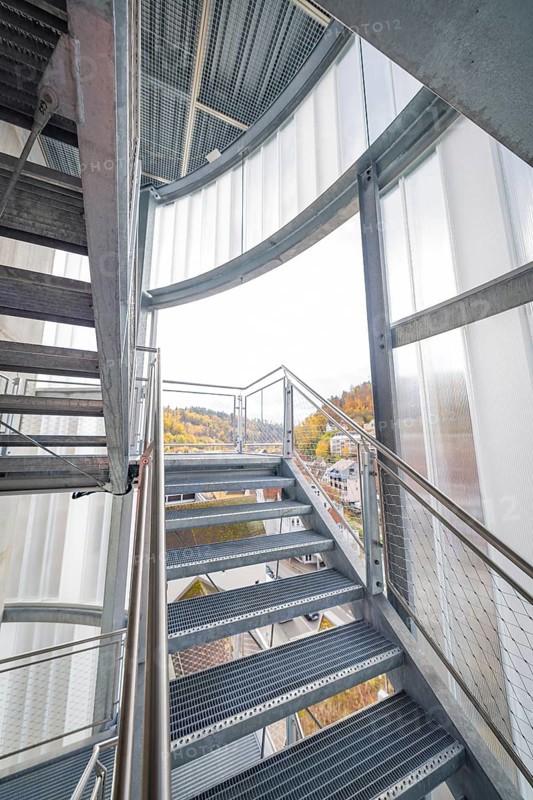 Metal staircase in a building with a view of the city, ZOB Calw, Hermann Hessebahn, Calw, Germany
