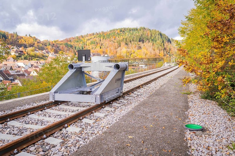 Rail stop on tracks in autumn surroundings near a city, ZOB Calw, Hermann Hessebahn, Calw, Germany