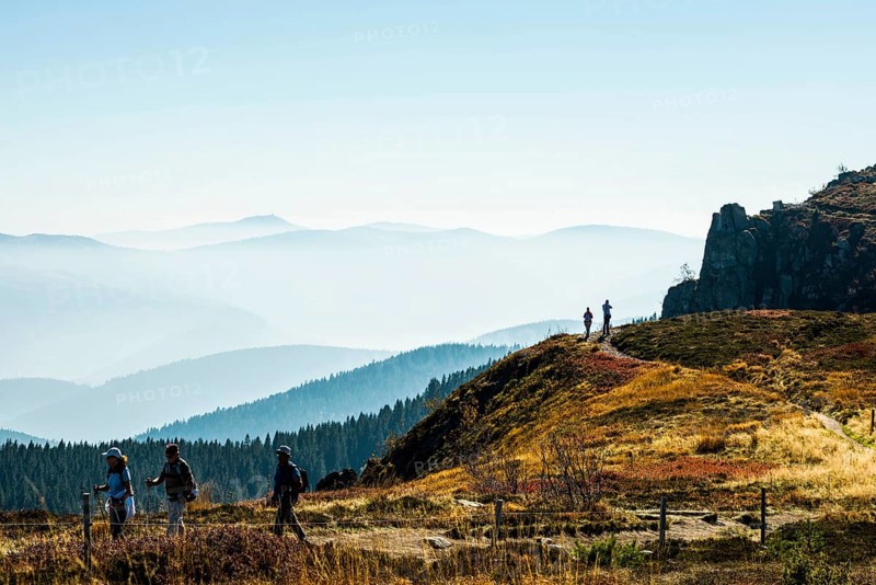 Staggered mountain ranges in haze, at Hohneck, Col de la Schlucht, Vosges, Alsace-Lorraine, Vosges Haut-Rhin Department, France