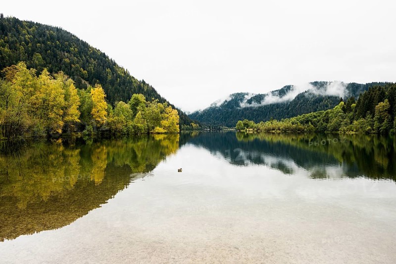 Picturesque mountain lake in autumn, Lac de Longemer, Xonrupt-Longemer, Vosges, Alsace-Lorraine, Department of Vosges Haut-Rhin, France