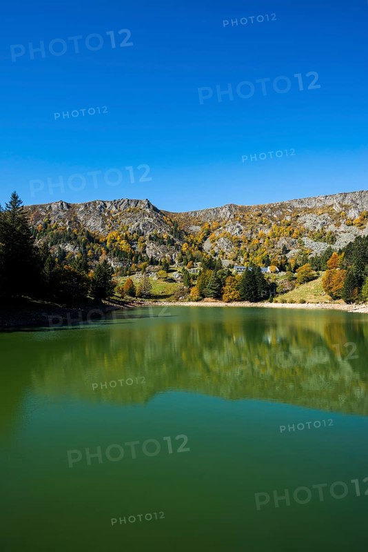 Picturesque mountain lake in autumn, Lac de Forlet, Lac des Truites, Col de la Schlucht, Vosges, Alsace-Lorraine, Department of Vosges Haut-Rhin, France
