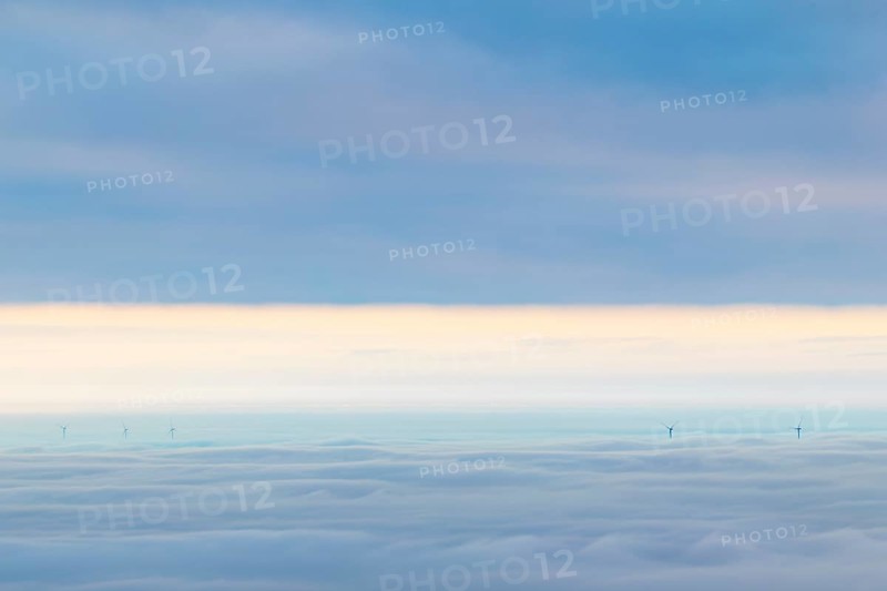 Inversion weather, fog, sunrise, autumn, view from Breitenstein of wind edges sticking out of the fog, Ochsenwang, Swabian Jura, Baden-Württemberg, Germany