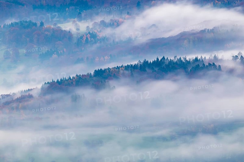 Inversion weather, fog, dawn, autumn, view from Breitenstein in Mischwald, Ochsenwang, Swabian Jura, Baden-Württemberg, Germany