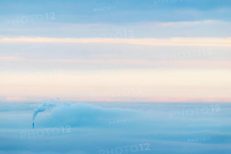 Inversion weather, fog, sunrise, autumn, view from Breitenstein of smoking chimney sticking out of fog, Ochsenwang, Swabian Jura, Baden-Württemberg, Germany