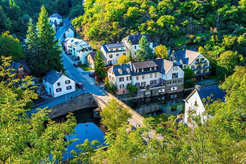 Esch-Sur-Sure, aerial view, old historical city, hilly mountains of the Ardennes, Kanton Wiltz, Grand Duchy of Luxembourg