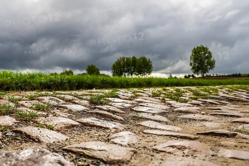 Pave, Mons-en-Pevele, Cobblestones at the cycling classic Paris to Roubaix, Departement North, France