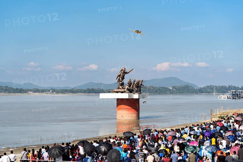 The Indian Air Force aerobatic team performs during an air show as part of the 93rd Air Force Day celebrations on November 8, 2025 in Guwahati, India