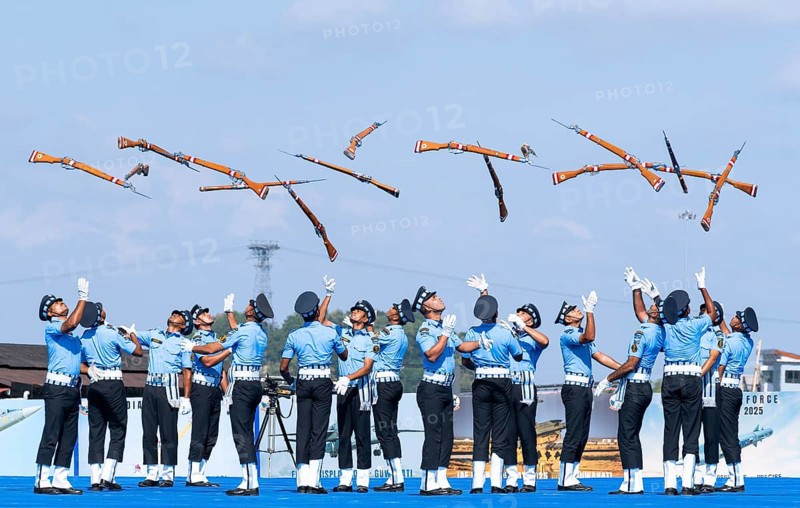 Indian Air Force personnel perform a bayonet drill demonstration as part of the 93rd Air Force Day celebrations on November 6, 2025 in Guwahati, India