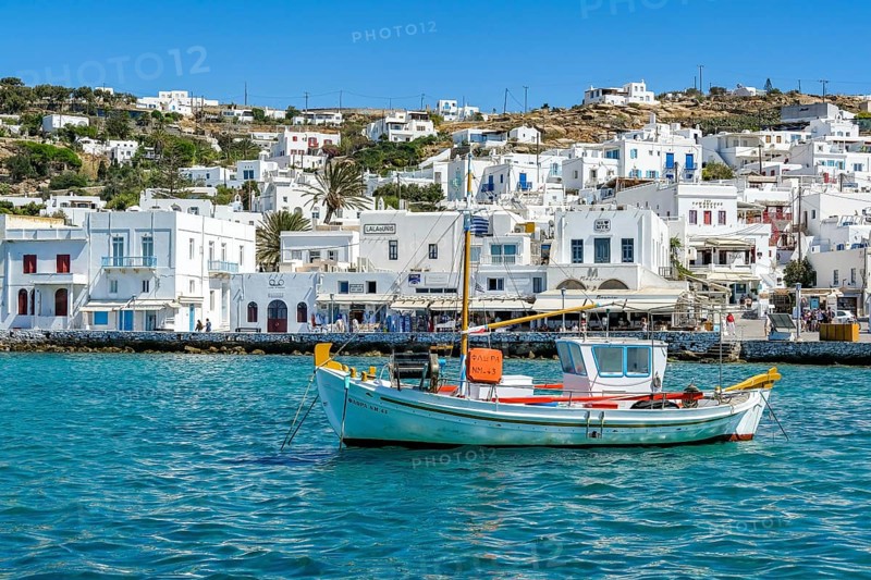 Mykonos, Cyclades, Greece - fishing boats are moored in the old port of Mykonos Town, Mykonos Chora. Mykonos is part of the Cyclades archipelago