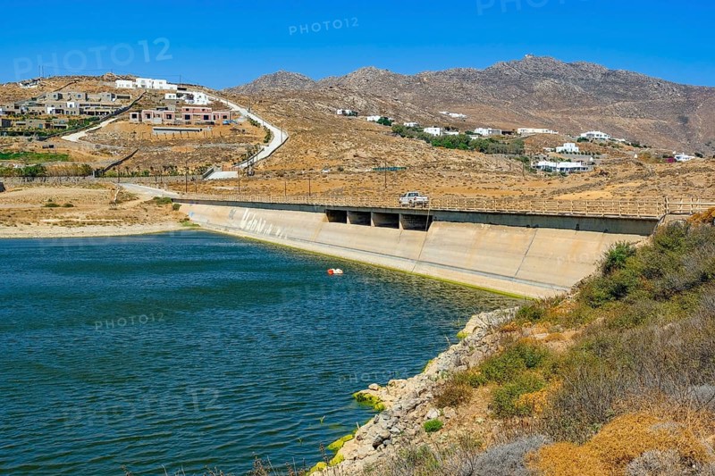 Mykonos, Cyclades, Greece — Marathi Dam, Mykonos Municipal Water Supply and Sanitation Company has two dams, Marathi Reservoir and Fokos Reservoir, to supply water to the island. Due to the prolonged drought, both are almost empty and are not being used