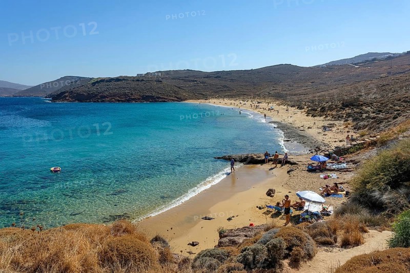 Agios Sostis, Mykonos, Cyclades, Greece - Agios Sostis Beach, small town with the famous Kikis Tavern restaurant, sandy beach in the north of the island