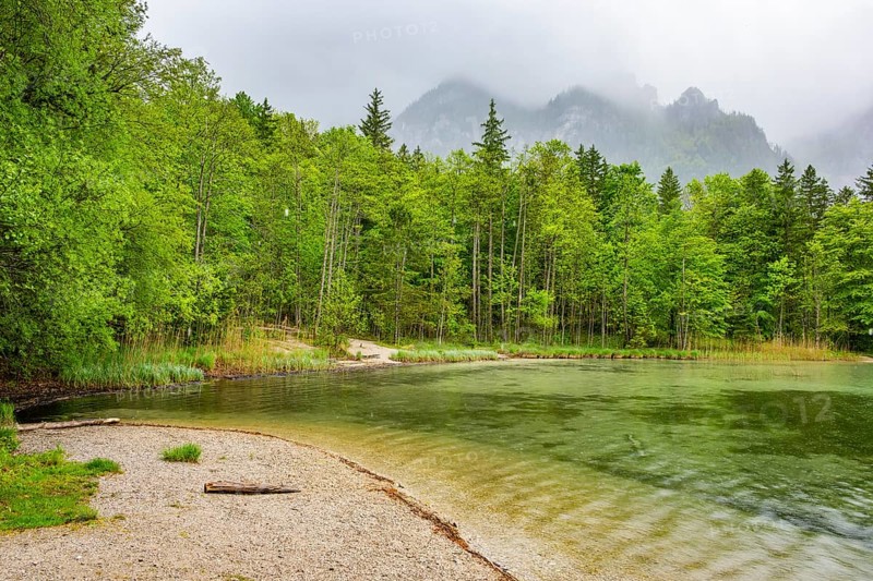 Landscape of Lake Offensee on a rainy day in spring, Salzkammergut, Austria