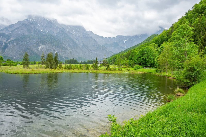 Landscape of Lake Almsee on a rainy day in spring, Salzkammergut, Austria