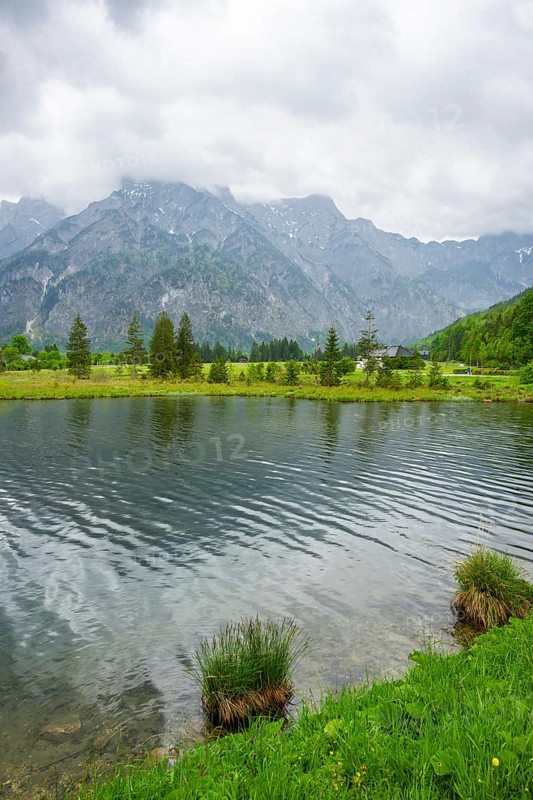 Landscape of Lake Almsee on a rainy day in spring, Salzkammergut, Austria