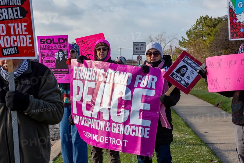 Farmington Hills, Michigan USA - 10 November 2025 - Activists picket U.S. Senator Haley Stevens' suburban Detroit office to protest the senator's acceptance of campaign funding from the American Israel Public Affairs Committee (AIPAC). CodePink is a feminist anti-war organization