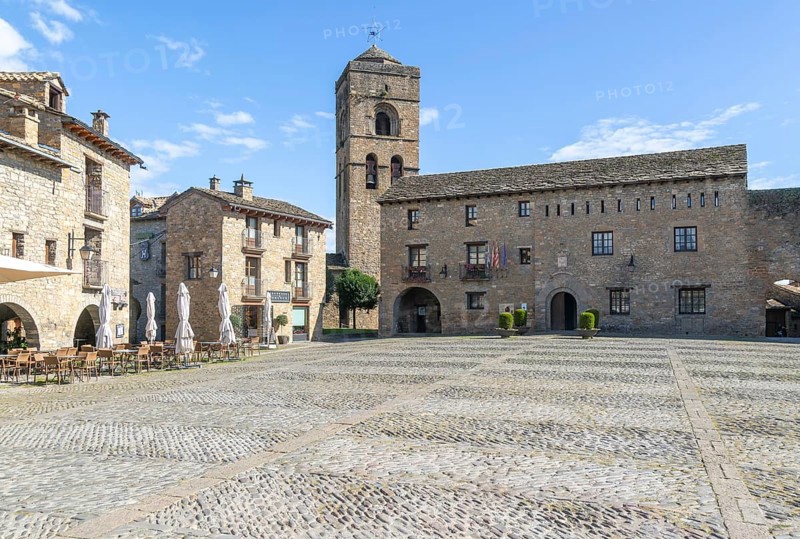 Church tower and town hall, historic buildings medieval village of Ainsa, Aínsa-Sobrarbe, Huesca province, Aragon, Spain