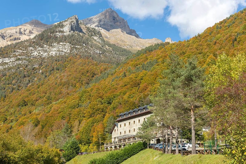Bielsa Parador hotel, Pyrenees mountains peaks, Ordesa y Monte Perdido, National Park, Bielsa, Huesca province, Aragon, Spain