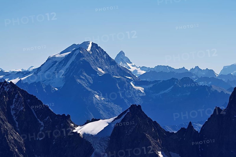 View of the Swiss Alps with the Matterhorn, Pointe Helbronner viewing terrace, Chamonix-Mont-Blanc, Haute-Savoie, Italian watershed, France